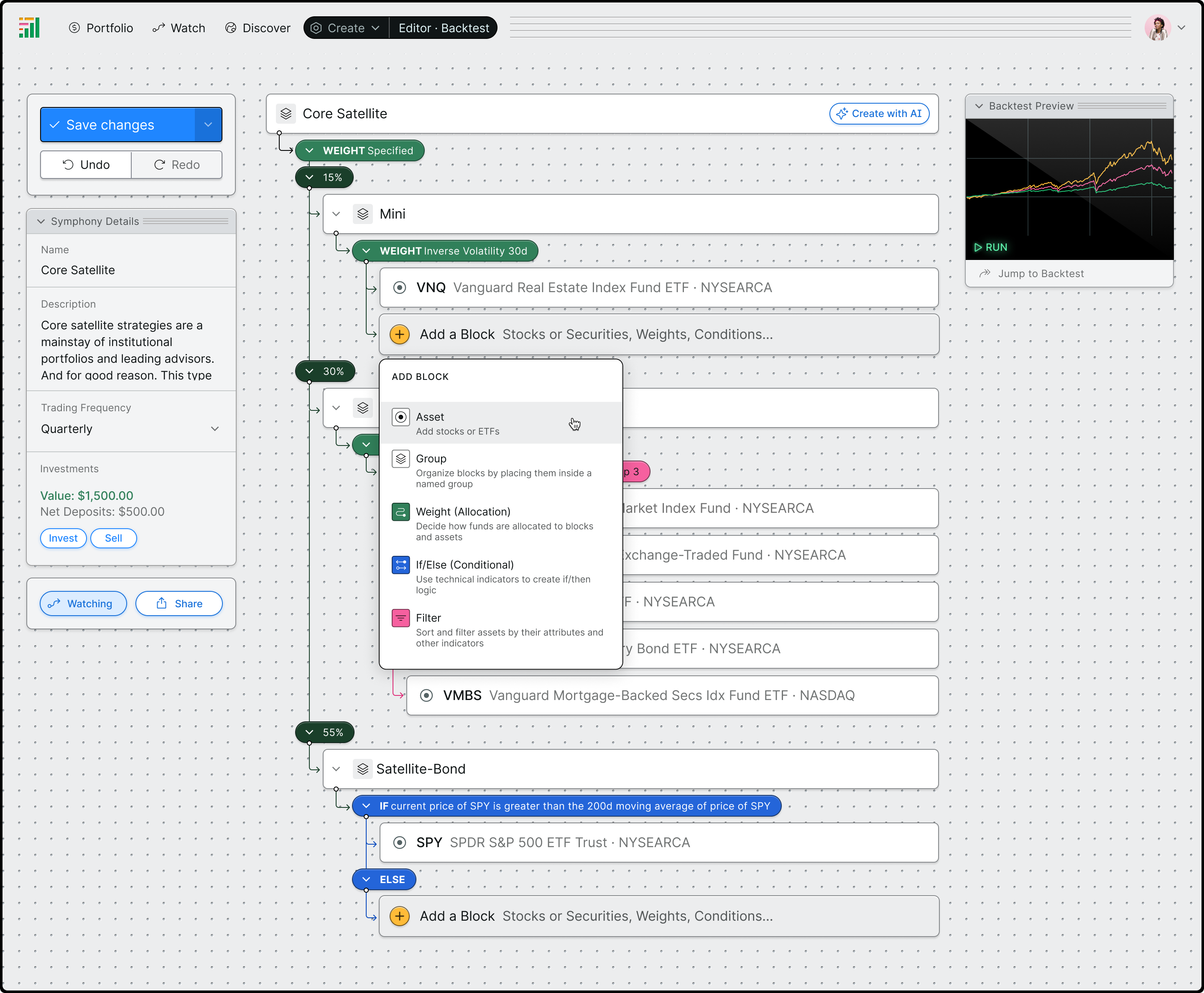 A mockup of the strategy editor, showing how a strategy is built with a mix of specified and dynamic weights, filters and conditional statements, along with a preview of the backtest results.